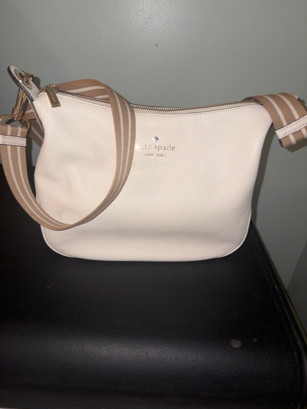 kate spade cream leather crossbody with tan striped strap